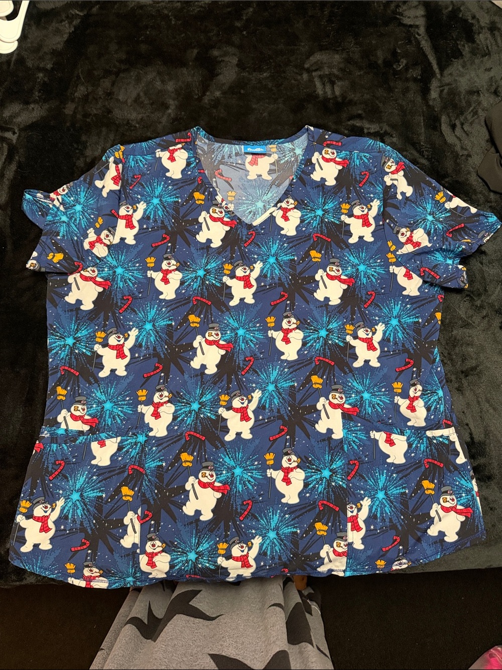Holiday Snowman Women’s Scrub top- Blue